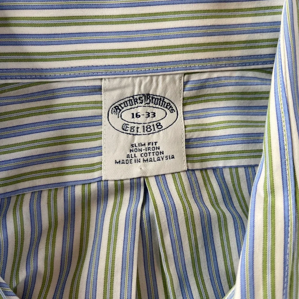 Brooks Brothers Button Down Men 16-33 Blue Green Striped Slim Fit Cotton - Picture 2 of 9